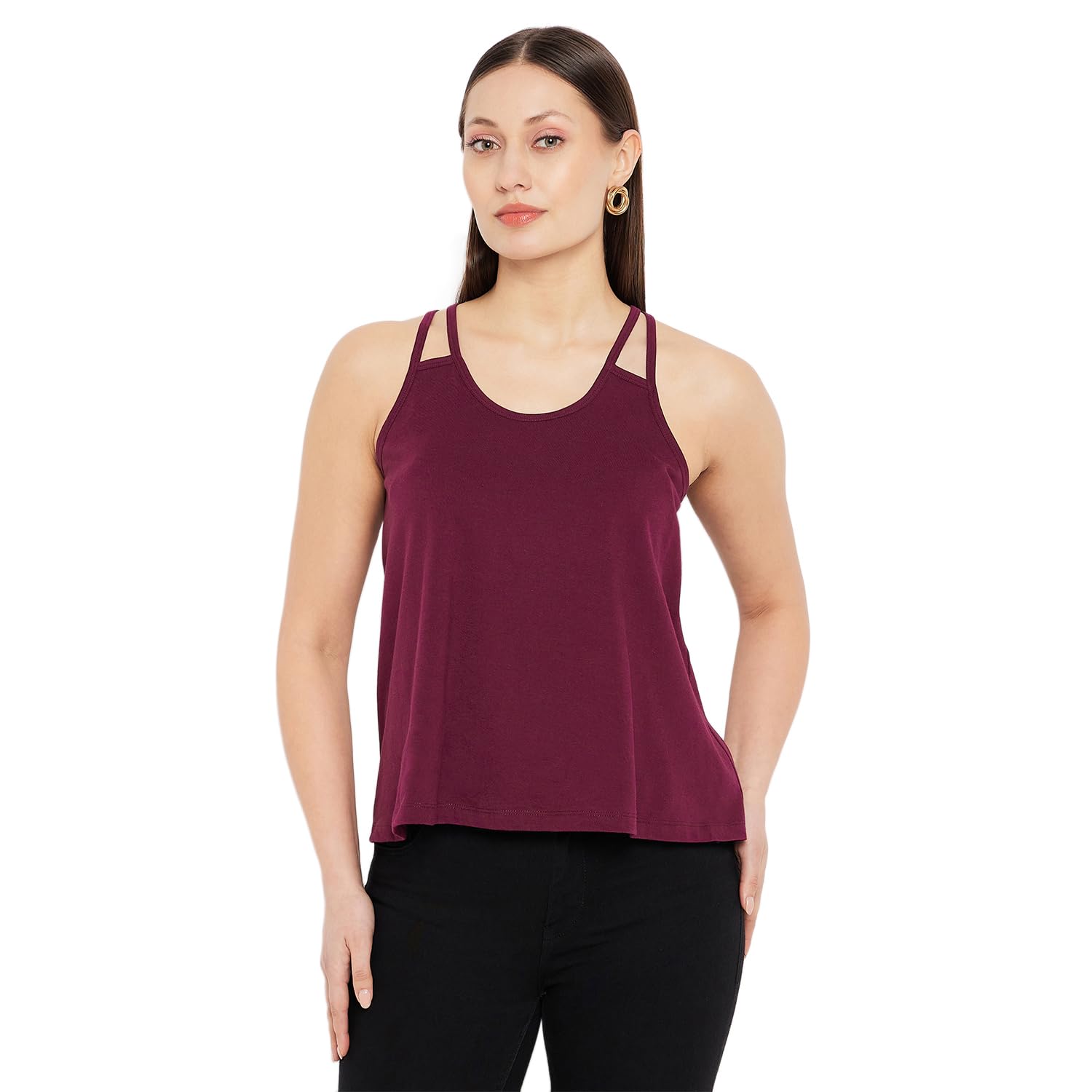 hypernation Burgundy Cotton Lycra Shoulder Strap Cami Top for Women (HYPW03682)-picture-58