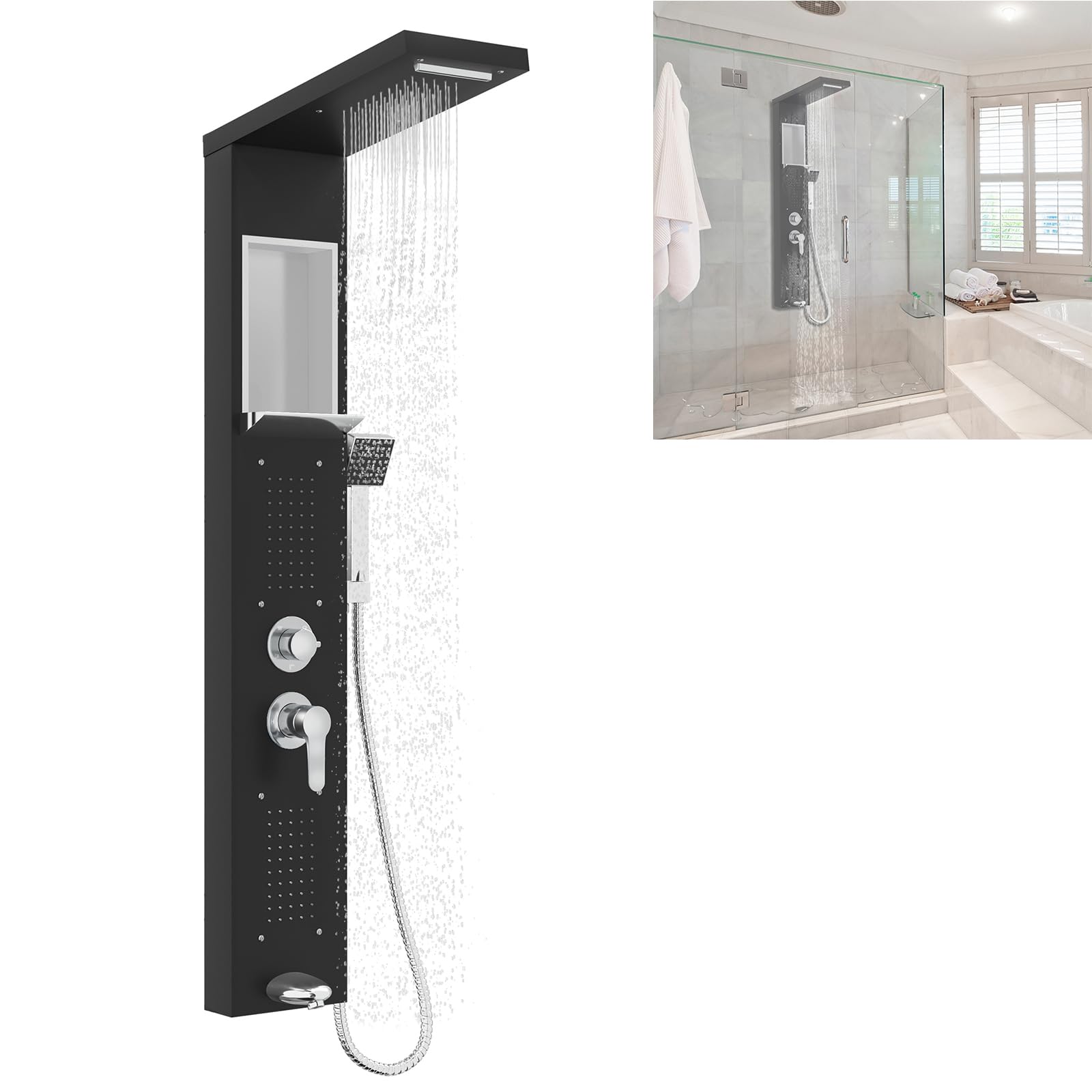 YUENFONG Panneau de douche 5 en 1 en acier inoxydable avec douche à effet pluie, cascade, massage du dos, douchette, montage mural facile, noir