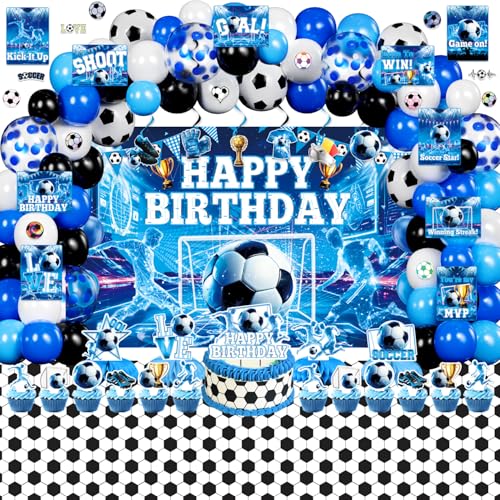 KOTLMIGHT Soccer Party Decorations for Boys, 171Pcs Blue Soccer Ball Birthday Party Decor Supplies - Backdrop, Sticker, Balloons, Cake Toppers, Tablecloth, Centerpieces, Hanging Swirls, Wall Signs