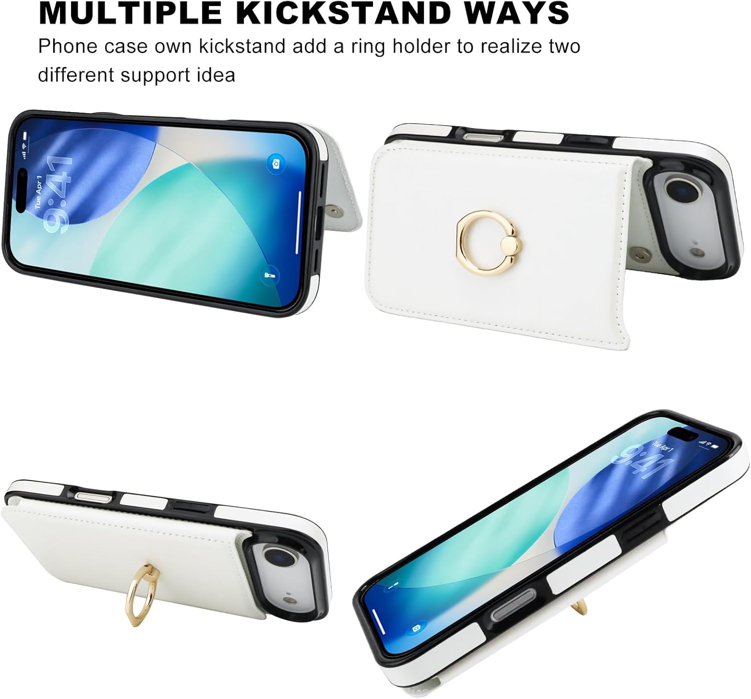 ONETOP for iPhone 17 Air Wallet Case with Card Holder, 360° Rotation Ring Kickstand RFID Blocking PU Leather Double Magnetic Clasp Shockproof Cover for Women and Girls 6.5 Inch (White) - Image 4