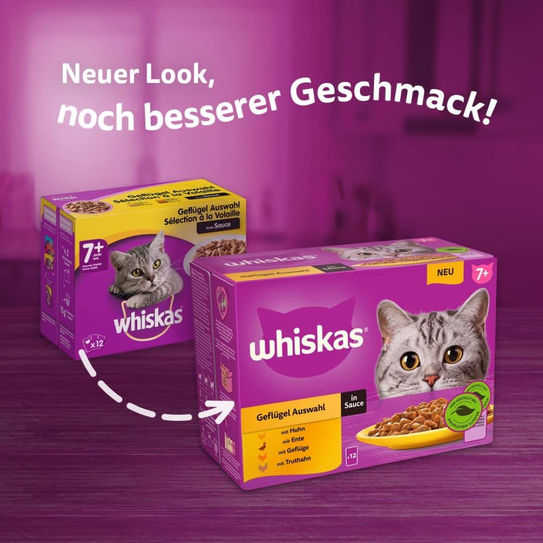 Whiskas 7+ cibo per gatti, pollame a scelta in salsa, 12 x 85 g (4 confezioni) – cibo umido di alta qualità a partire dai 7 anni in 48 sacchetti