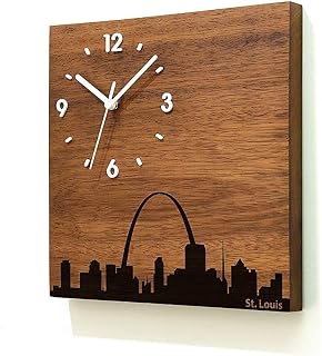 Solid Wood Wall Clock - Gateway Arch St. Louis - Wood Laser Engraved - Massive Wood Iroko - African Teak - Contemporary Wall Mounted Clock