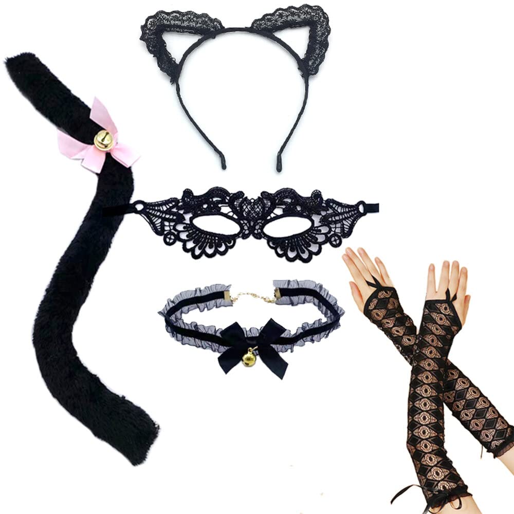 thematys Sexy Cat Outfit | Gato | Orejas de Gato | Veneciano | Diadema de Gato | Collar | Máscara | Talla Única | Carnaval | Cosplay | Halloween | Fiesta | Cumpleaños | Boda
