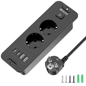 Retractable Socket 2 Compartments Table Top Socket with 2 USB C Built-in Socket with 3 m Cable Built-in Socket Multiple Socket Table Top Recessed Socket - Black