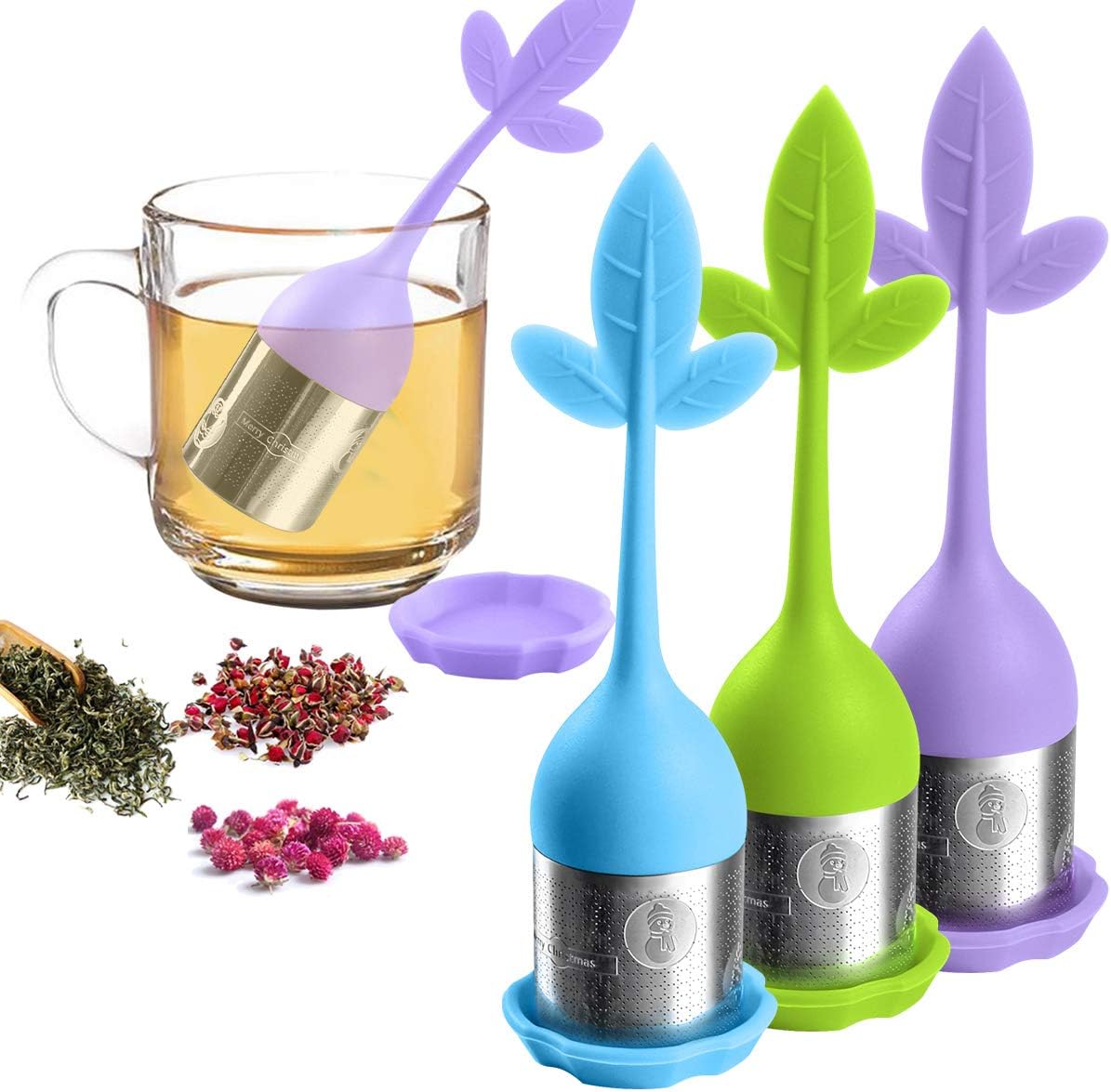 Loose Leaf Tea Infuser, Tea Strainer for Loose Tea Fine Mesh Tea Filter for Steeping Loose Tea, Tea Steeper for Teapot, Tea Diffuser w/Maple Shaped Silicone Handle, Stainless Steel Infuser Set