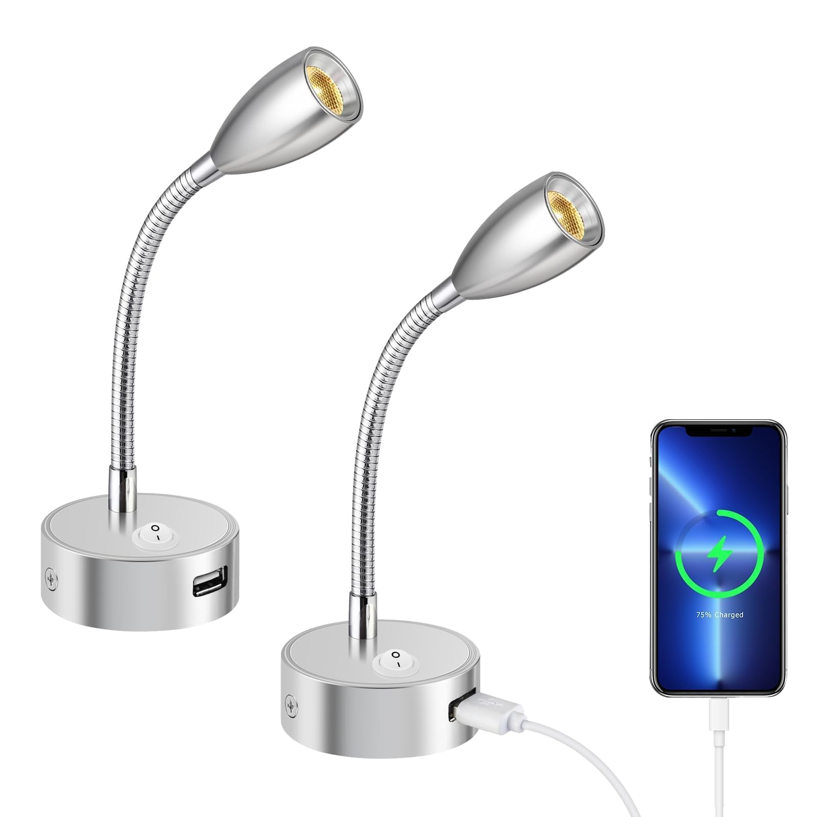 ERWEY 2er LED lampe de lecture 12V camping - car, 3W 3000k applique lampe de lit avec col de cygne flexible et port de charge USB pour bateau, yacht, voiture, éclairage intérieur de caravane, argent