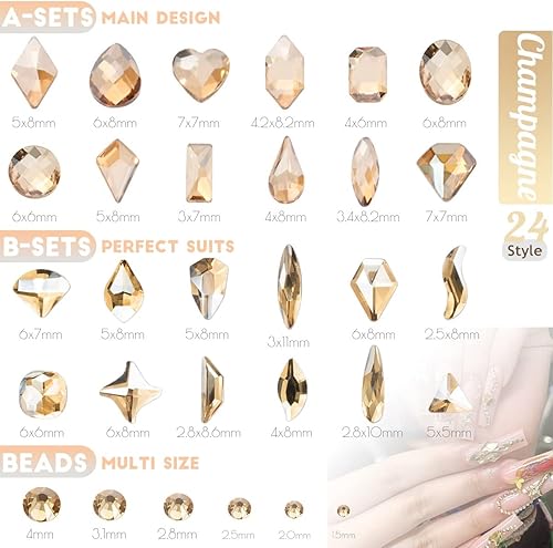 Miniatura 3 de 24 estilos de diamantes de imitación de uñas dorado champán multiformas con parte trasera plana, gemas redondas K9, piedras de vidrio, diamantes,