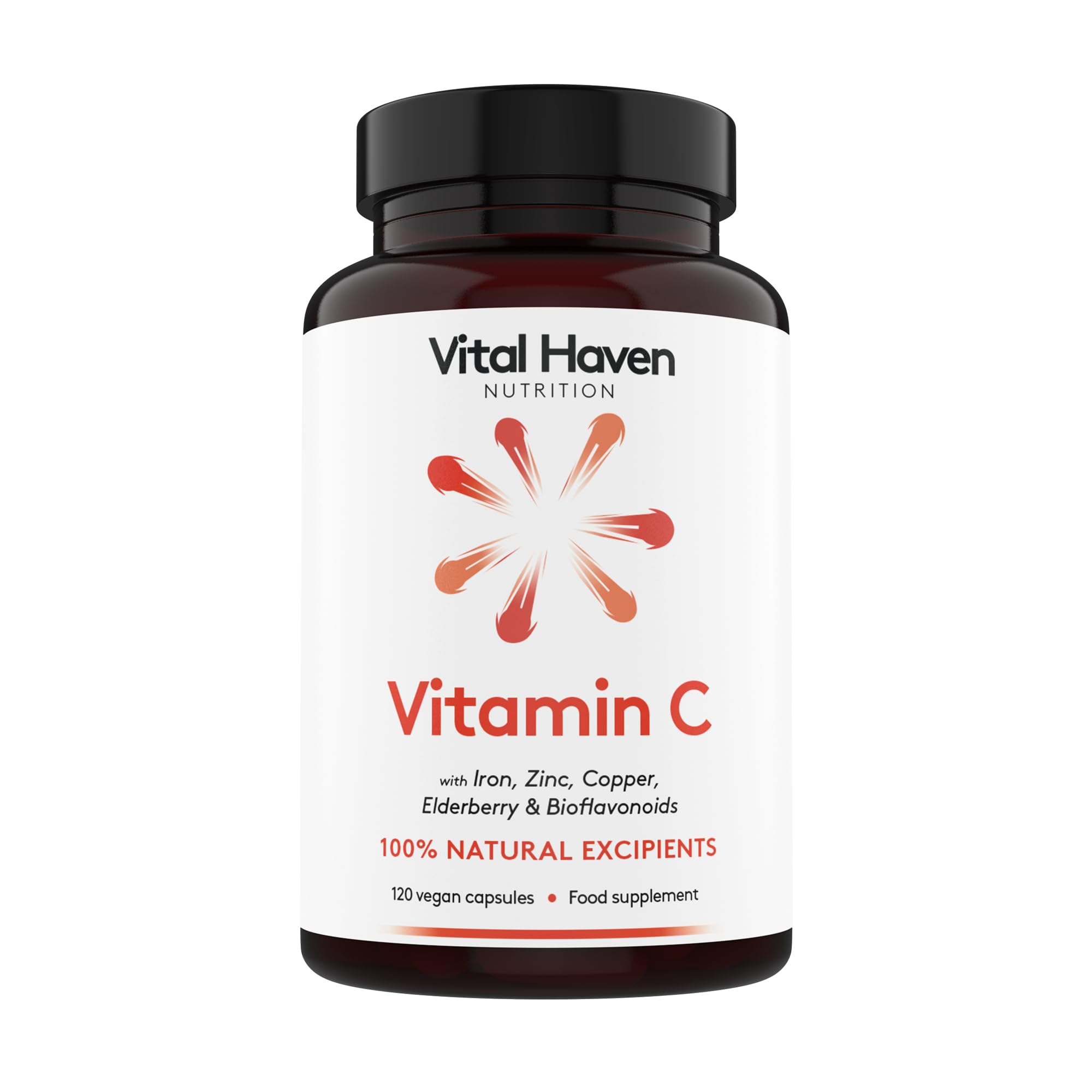 Vitamin C Supplement: Non-Acid VIT C + Iron/Zinc/Copper/Calcium with Citrus Bioflavanoids & Elderberry - UK Made
