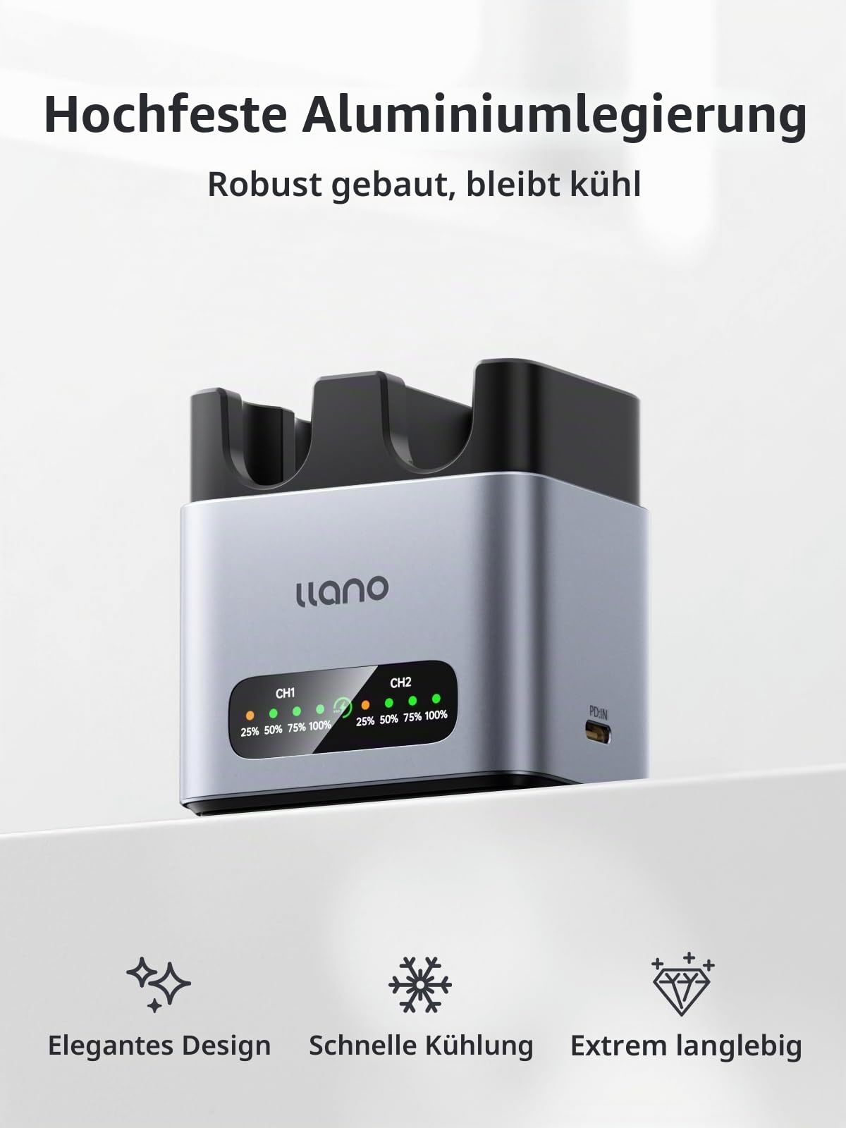 llano NP-W235 Akku-Schnellladegerät, 20W 2-Slot, CNC-Alu