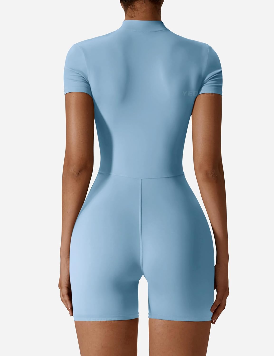 YEOREO Women Short Sleeve Workout Jumpsuit Zip Up Romper Bottom Shorts Bodysuit Bodycon Sexy One Piece - Image 5