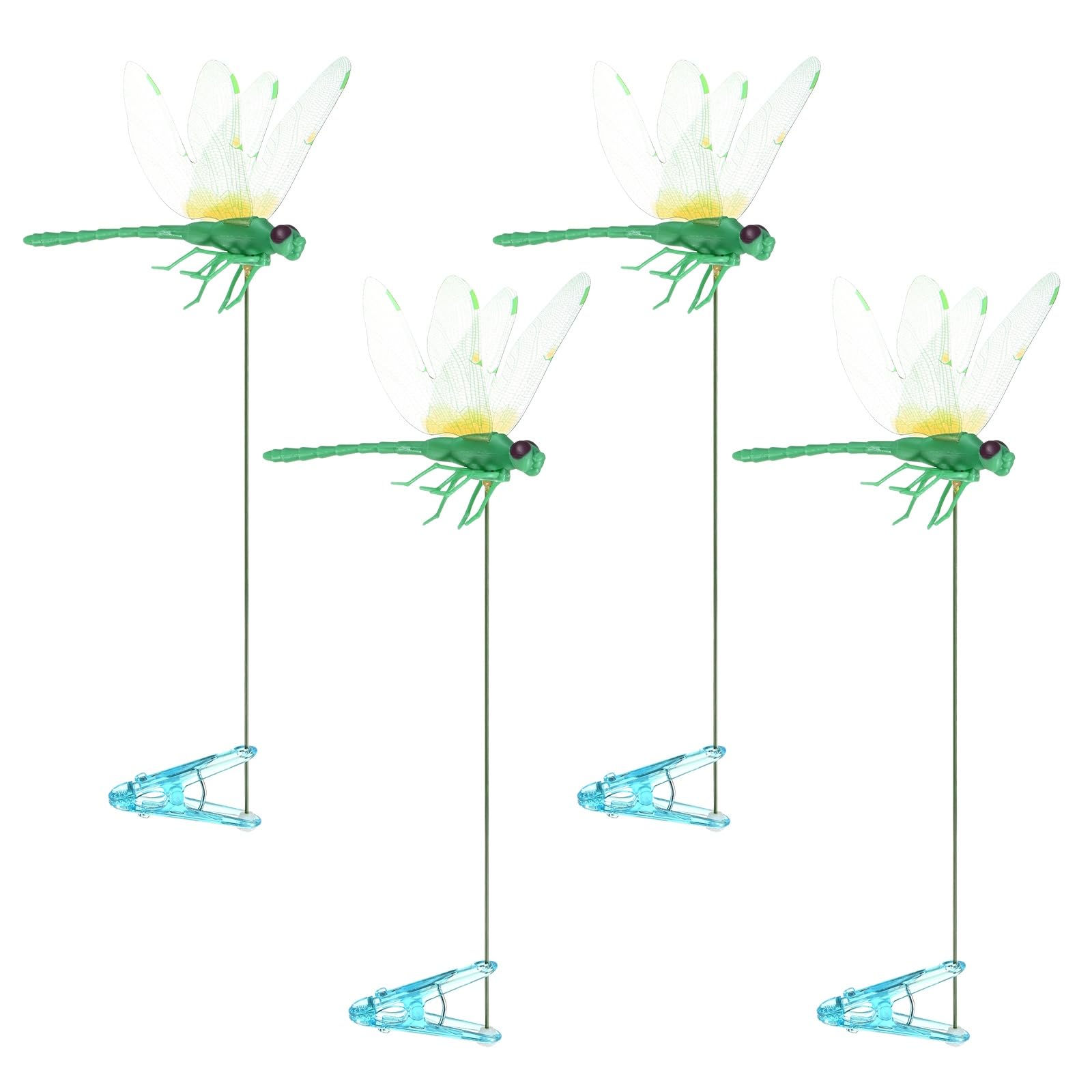 M METERXITY 4 Pack Dragonfly Clip Garden Stakes, 13 Inch Waterproof Metal 3D Dragonfly Garden Stakes Decor for Indoor/Outdoor/Lawns/Flower Pots/Beds/Bouquets/Patios Terraces/Hat Decor [Green]