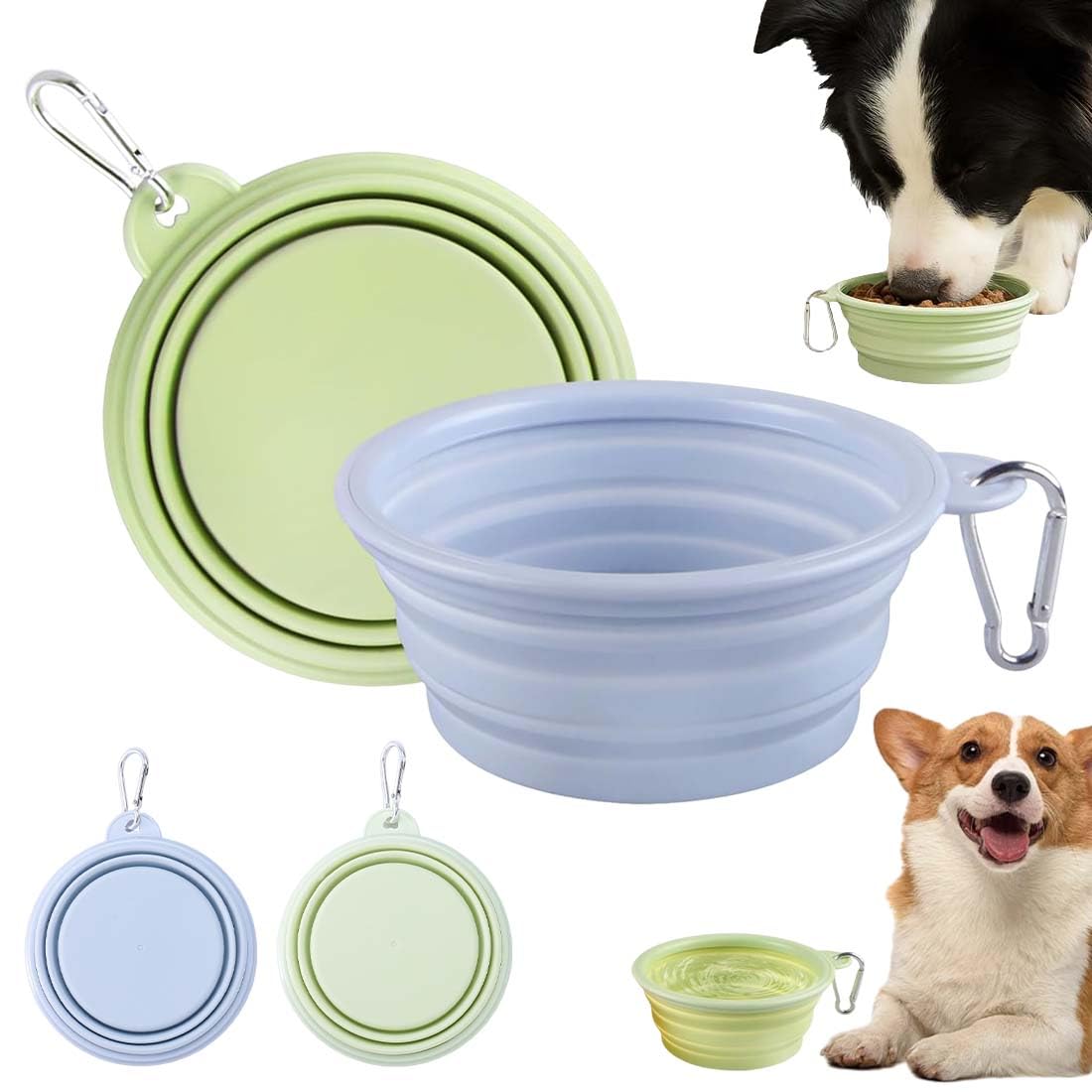 Cubo Plegable Para Mascotas 2 Unidades Comedero Bebedero 350Ml Viaje Portátil Sin Bpa Lavavajillas Colores Gris Azul Y Verde