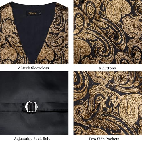 Image of DiBanGu Mens Vest and Tie Set Formal Paisley Waistcoat and Necktie Pocket Square Cufflinks Silk Suit Vest for Tuxedo Wedding
