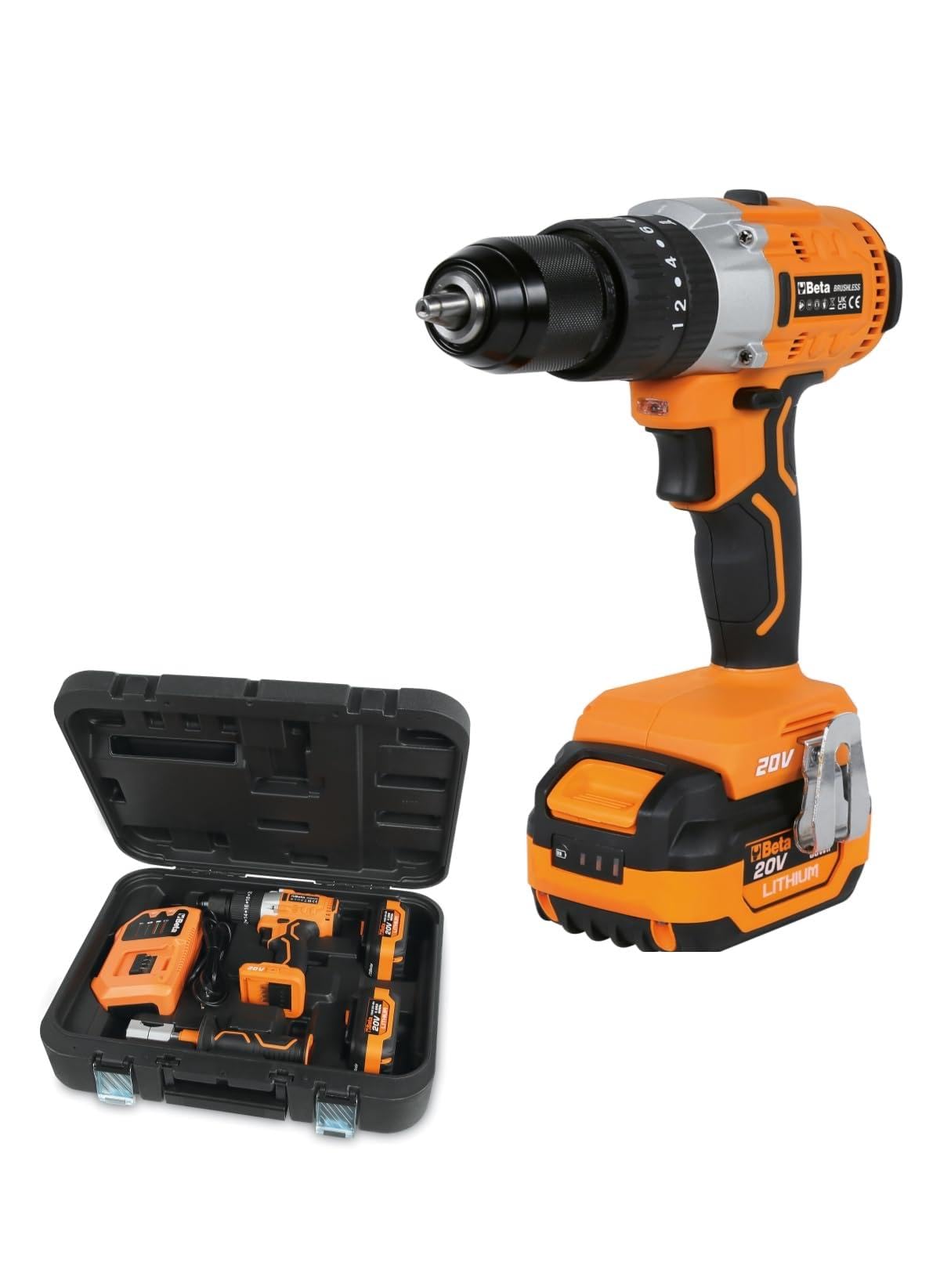 BETA 1972/K20V-13BMC80 – Kit Trapano Avvitatore a Percussione 20V Brushless con 2 Batterie 4 Ah e Caricatore, 80 Nm, Mandrino 13 mm, LED Integrato, Valigetta Rigida