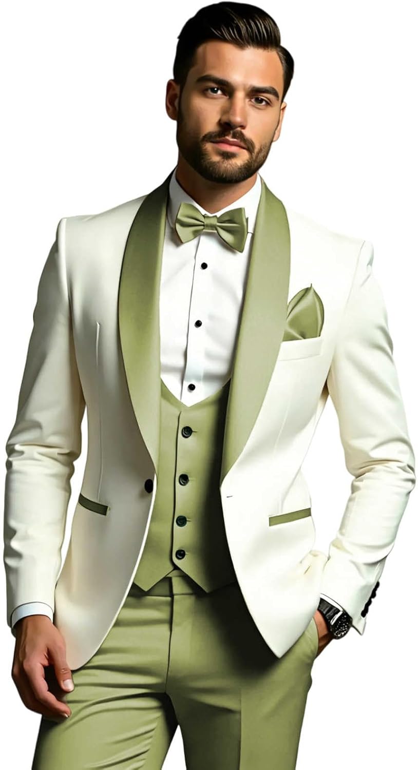 3 Piece Men's Suits Slim Fit Tuxedo Suits for Men Shawl Collar Wedding Prom Suits Formal Blazer Vest Pants Set