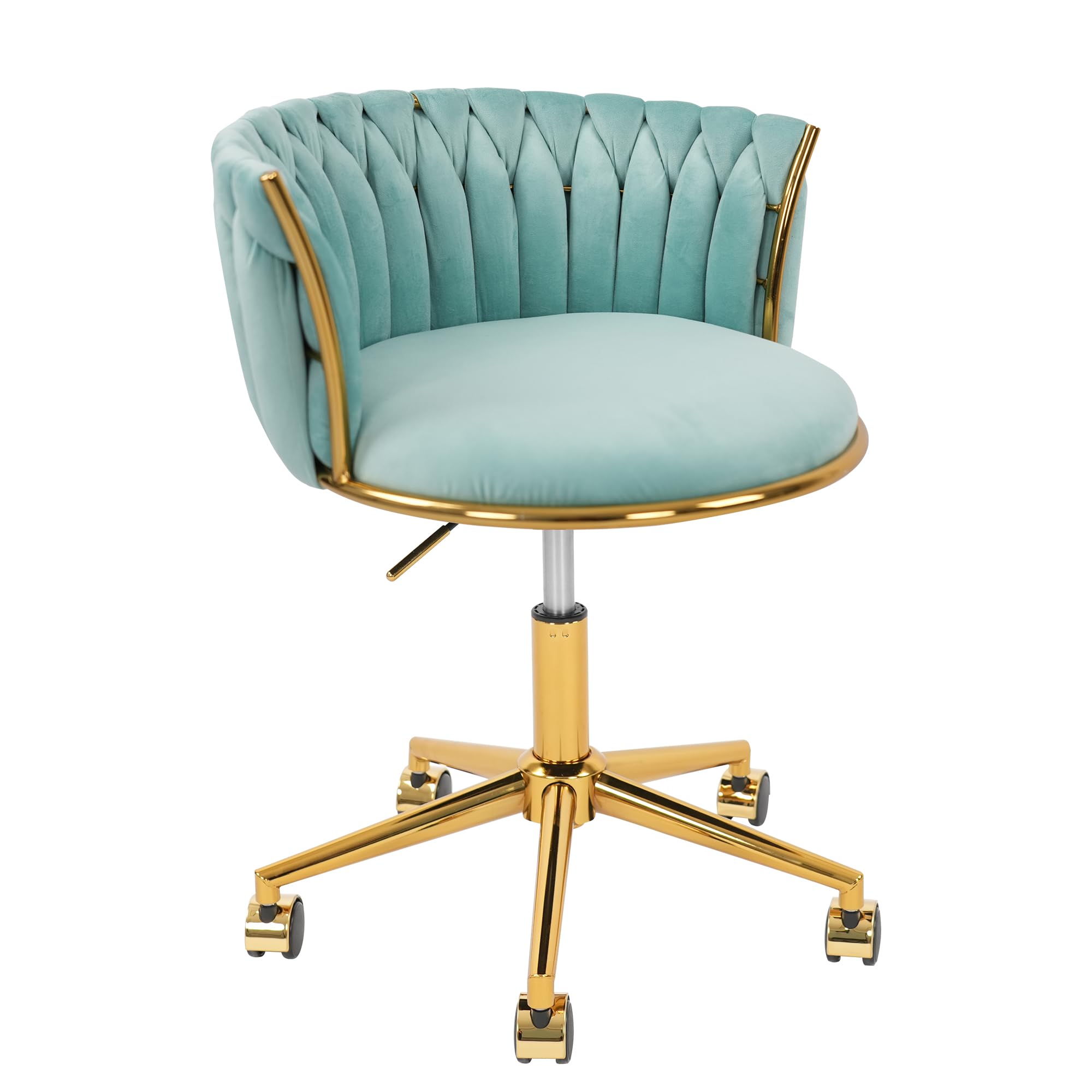 HENGJIANYI Velvet Woven Home Office Chair, Modern Swivel Desk Chair with Wheels, Height Adjustable Vanity Chair with Gold Metal Base and Hand Weaving