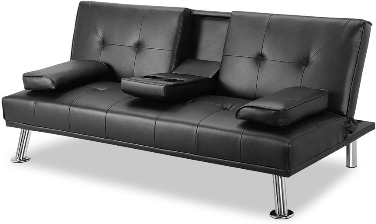 Futon Sofa Bed, Modern Faux Leather Convertible Folding Lounge Sofa for Living Room with 2 Cup Holders Removable Soft Armrests and Sturdy Metal Legs, Charming Black.