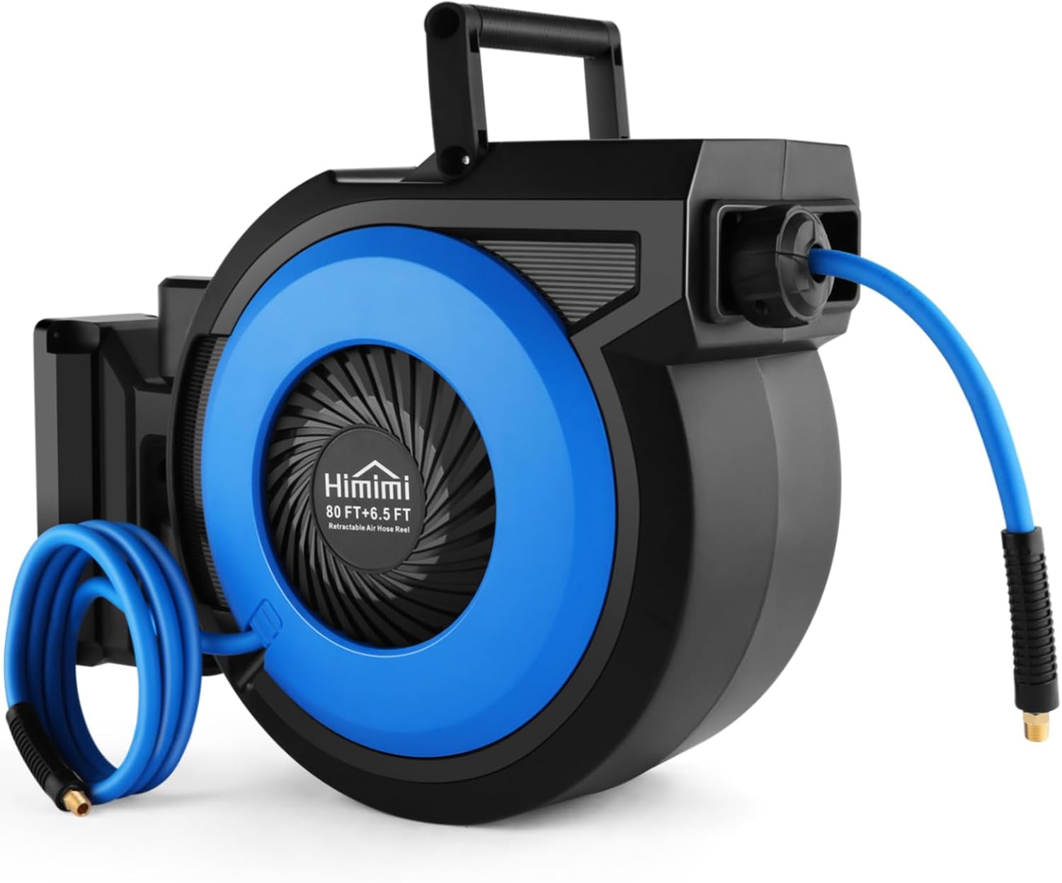 80FT + 6.5FT Retractable Air Hose Reel, Wall Mount Penumatic Hose Reel for Garage Workshop, Automatic Rewind, 3/8" x 80' Hybrid Air Hose with Brass Fittings + Bend Restrictors, 300PSI