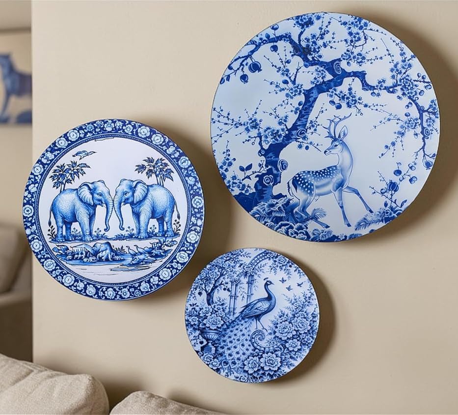 PARADIGM PICTURES Metal Decorative Wall Plates, Blue and White Jungle Art Design, Living Room Home Decoration, Set of 3-image-17