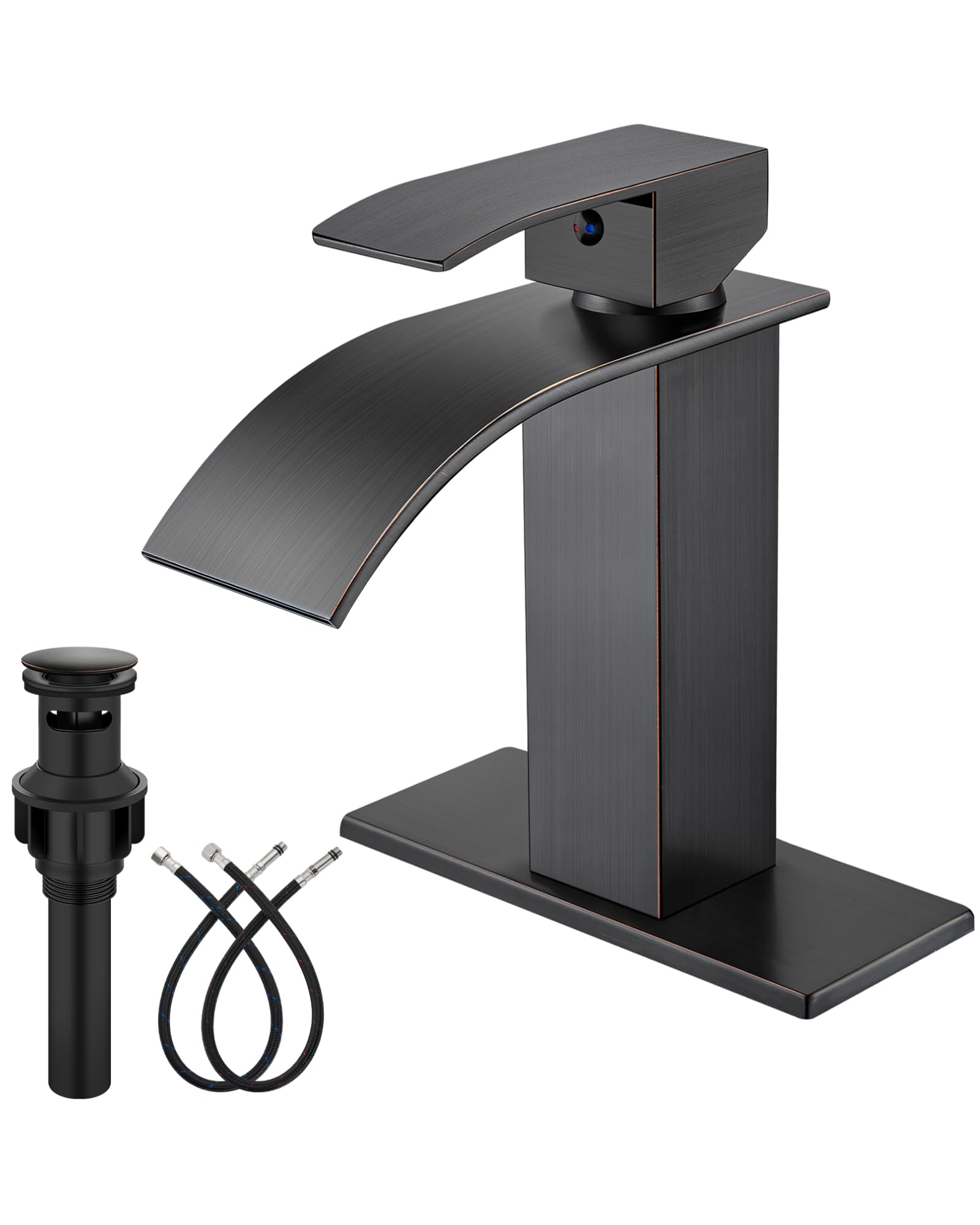 Hcfyauis Oil Rubbed Bronze Bathroom Faucet With Waterfall Spout, Single Hole Or 3-Hole Deck Mount, 304 Stainless Steel Sink Faucet With Pop-Up Drain, Rv Vanity Compatible,