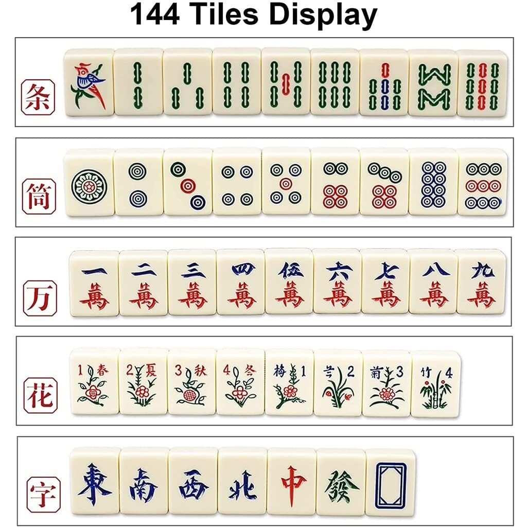 Mahjong Mah-Jong traditionnel chinois - Cadeau de divertissement - 144 carreaux en mélamine avec 2 carreaux de rechange, 3 dés, tapis, 1 girouette, jetons, jeu - Beau cadeau pour collection