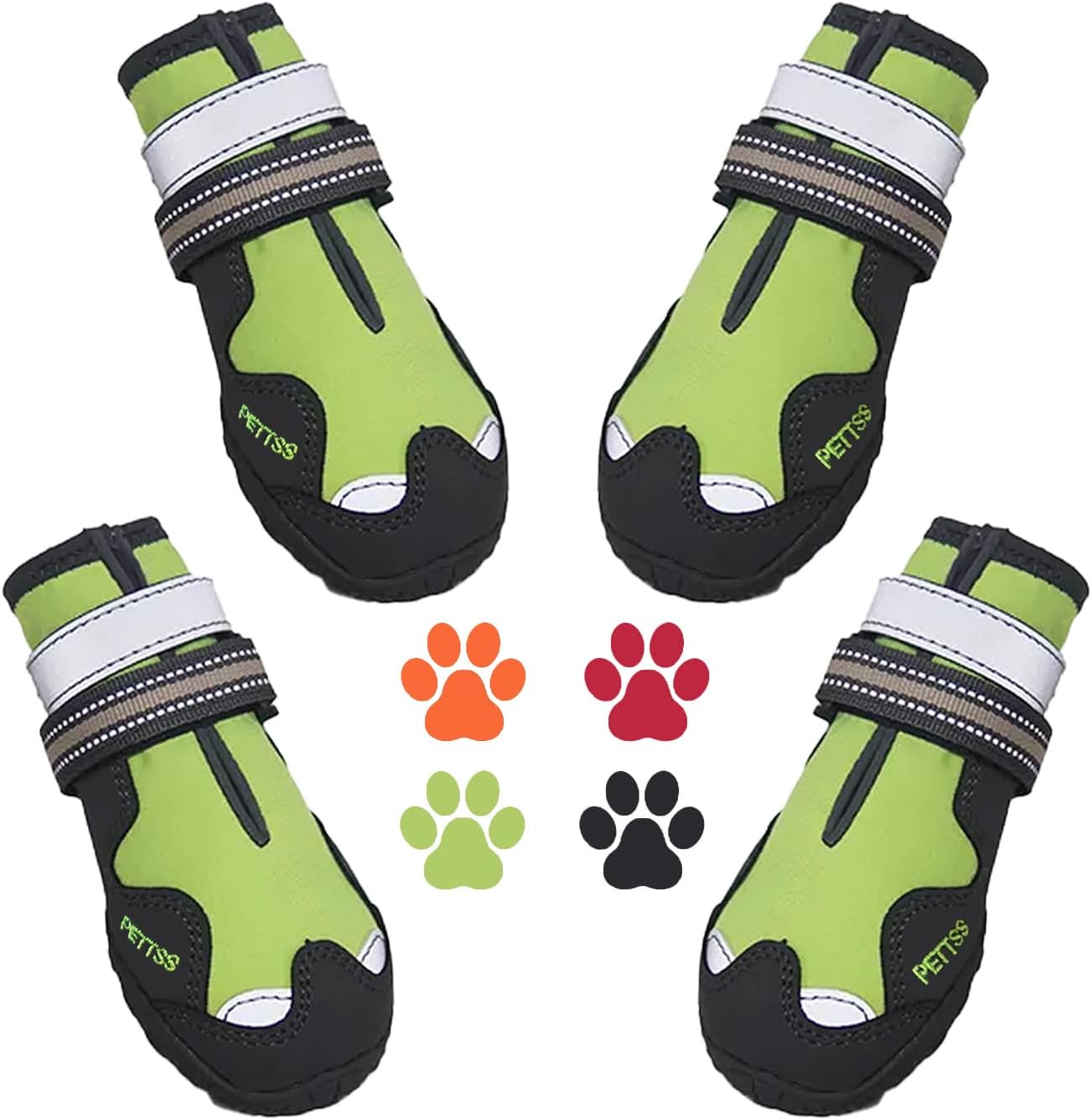 Waterproof Dog Boots Durable with Multiple Reflective Designs, Non-Slip, Set of 4 Shoes (Green, Size 5: 2.4''x2.9''(W*L) (Pack of 4))