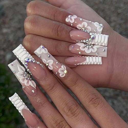 24pcs Long Coffin False Nails French Tip White Edge Stick on Nails Rhinestone White Flower Press on Nails Nude Pink Removable Glue-on Nails Full Cover Fake Nails Women Brides Nail Art Accessories