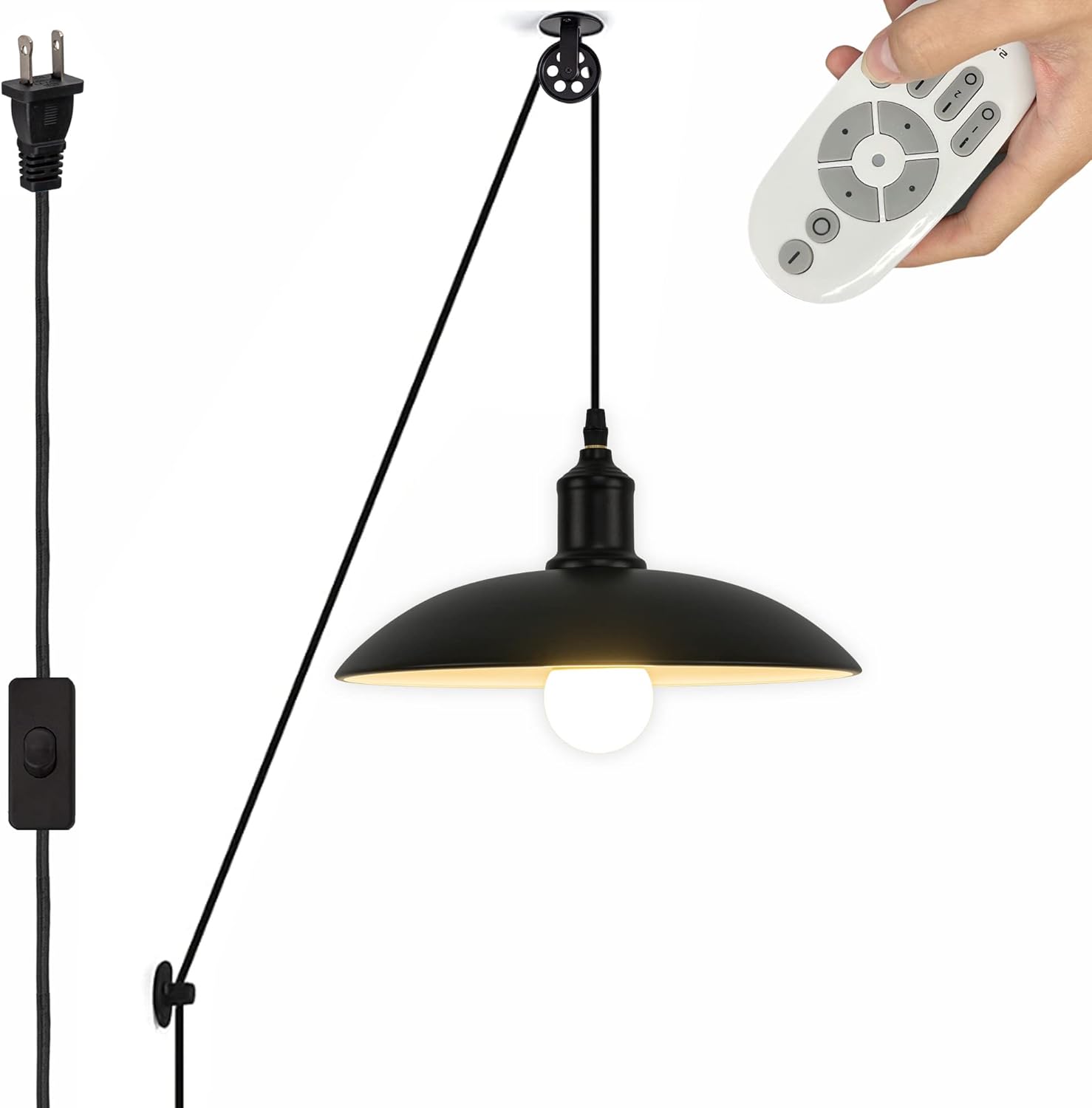 Swag Plug-in Pendant Lamp Metal Bulb Guard Iron Dome E26 Socket with Remote Control with Dimmable E26 LED Bulb 2700K-6500K Industrial Pulley Design 15ft UL Black Cord with Switch
