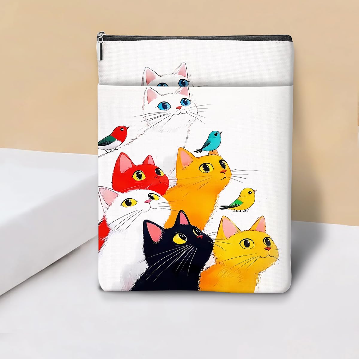 Japanese Kimono Cat Ocean Book Sleeve, Book Lovers Gifts Sleeve with Zipper & Front Pocket, 11.5x8.8 Inch Canvas Books Cover Protector Bookish Cat Lover Gifts for Readers Women Friend Birthday Gift — view 22