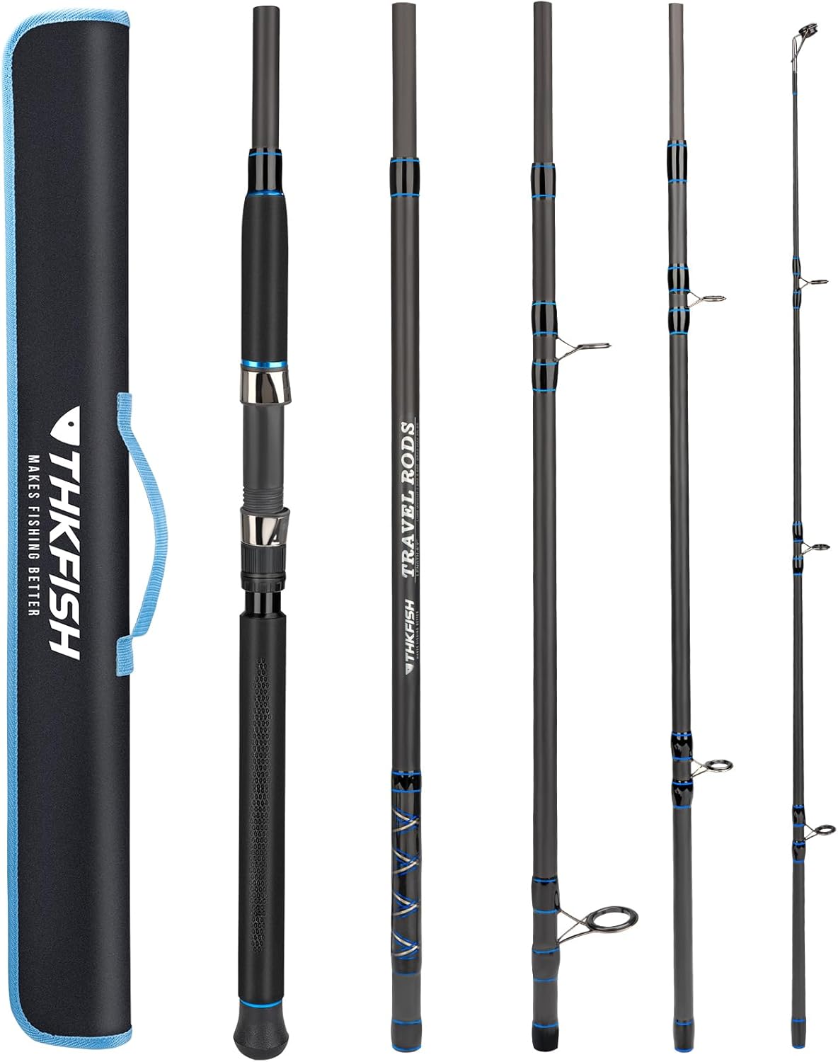 THKFISH 4 Piece/5 Piece Saltwater Travel Rod, Heavy Spinning Fishing Rod Portable Travel Surf Rod Carbon Fiber Saltwater Boat Fishing Rod 6’9”/7’9”/8’9” with Case Bag for Seawater Fish