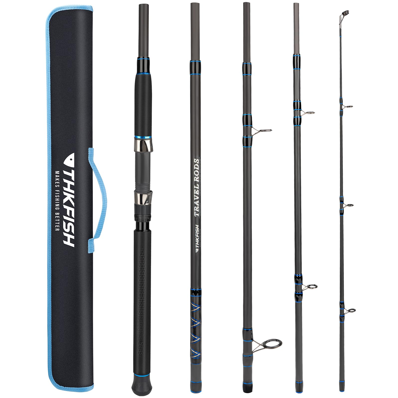 THKFISH 4 Piece/5 Piece Saltwater Travel Rod, Heavy Spinning Fishing Rod Portable Travel Surf Rod Carbon Fiber Saltwater Boat Fishing Rod 6’9”/7’9”/8’9” with Case Bag for Seawater Fish