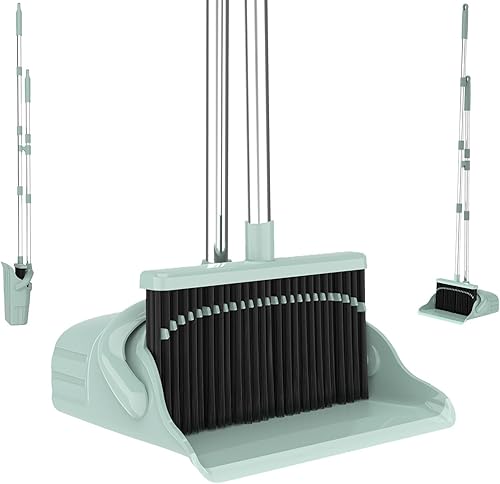 Juego combinado de escoba con recogedor Juego de escoba y recogedor de mango largo de 52 pulgadas con dientes autolimpiantes, bandeja para polvo de