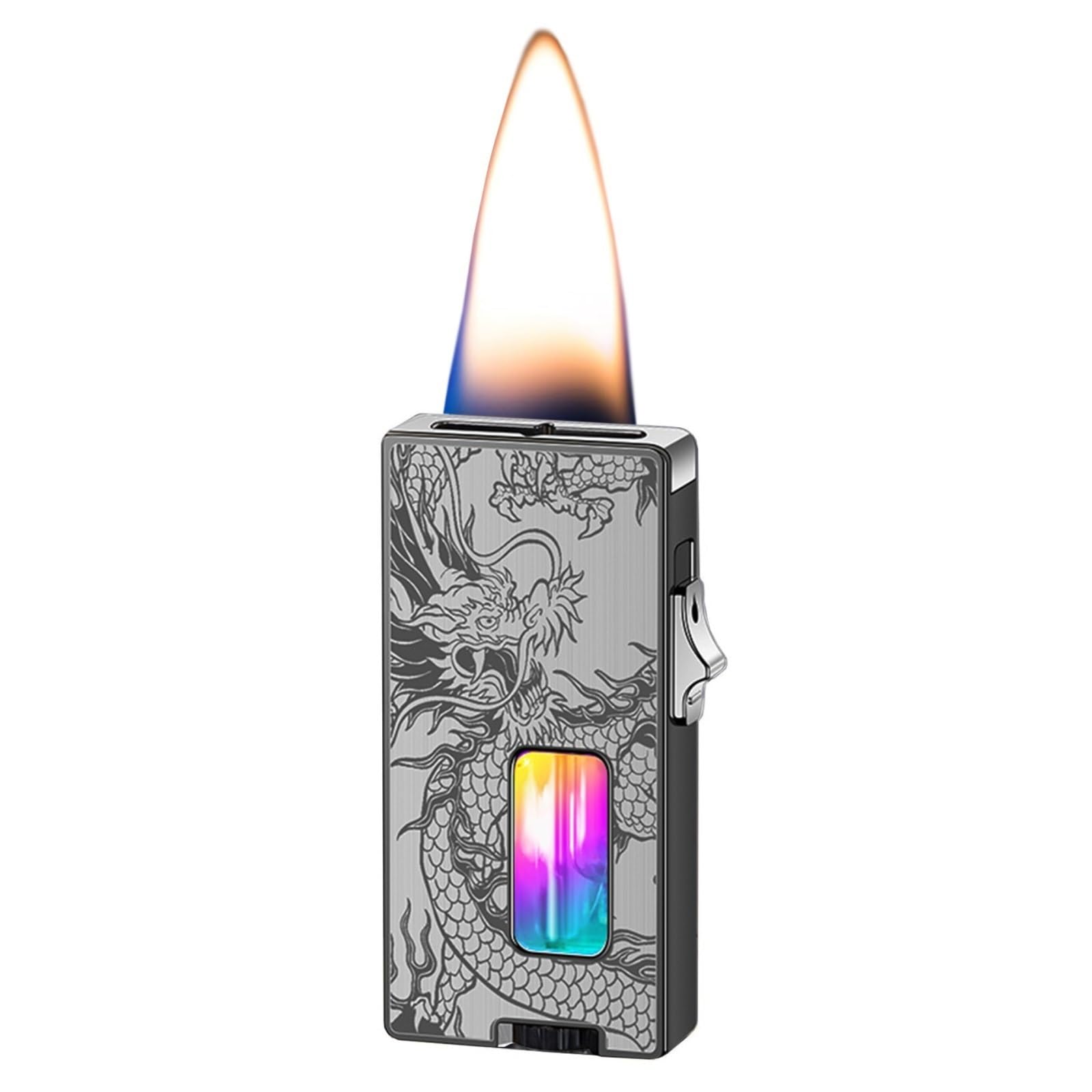 Encendedor de metal portátil, agita para encender, llama suave ultra ancha ajustable, ventana de aire transparente, bloqueo de seguridad, ideal para camping, barbacoa y uso al aire libre