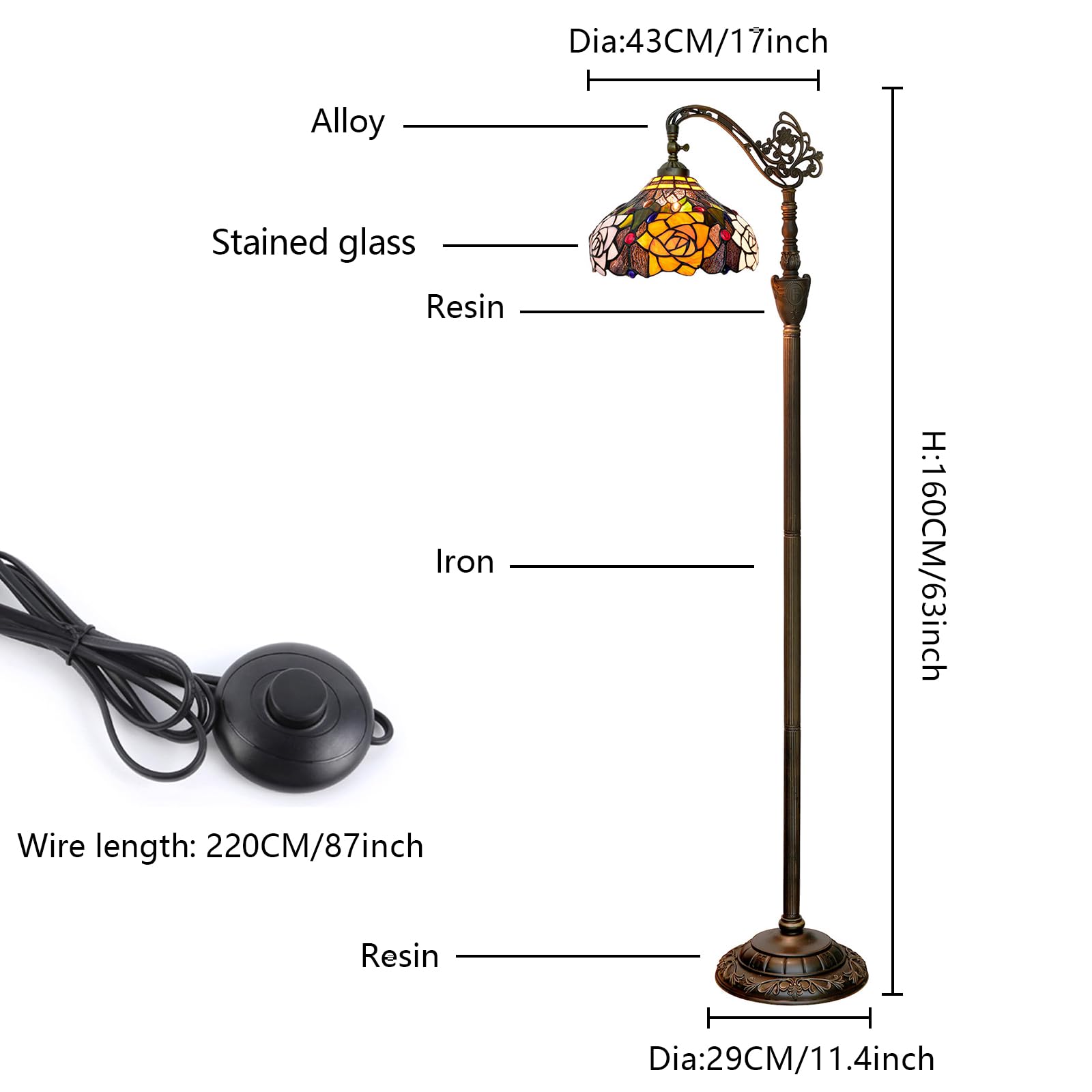 Lampa podłogowa Tiffany Vintage Stojąca lampa w stylu różanych kwiatów Witrażowa lampa podłogowa Rustykalna lampa podłogowa z regulowanym kątem nachylenia do dekoracji wnętrz Salon Sypialnia