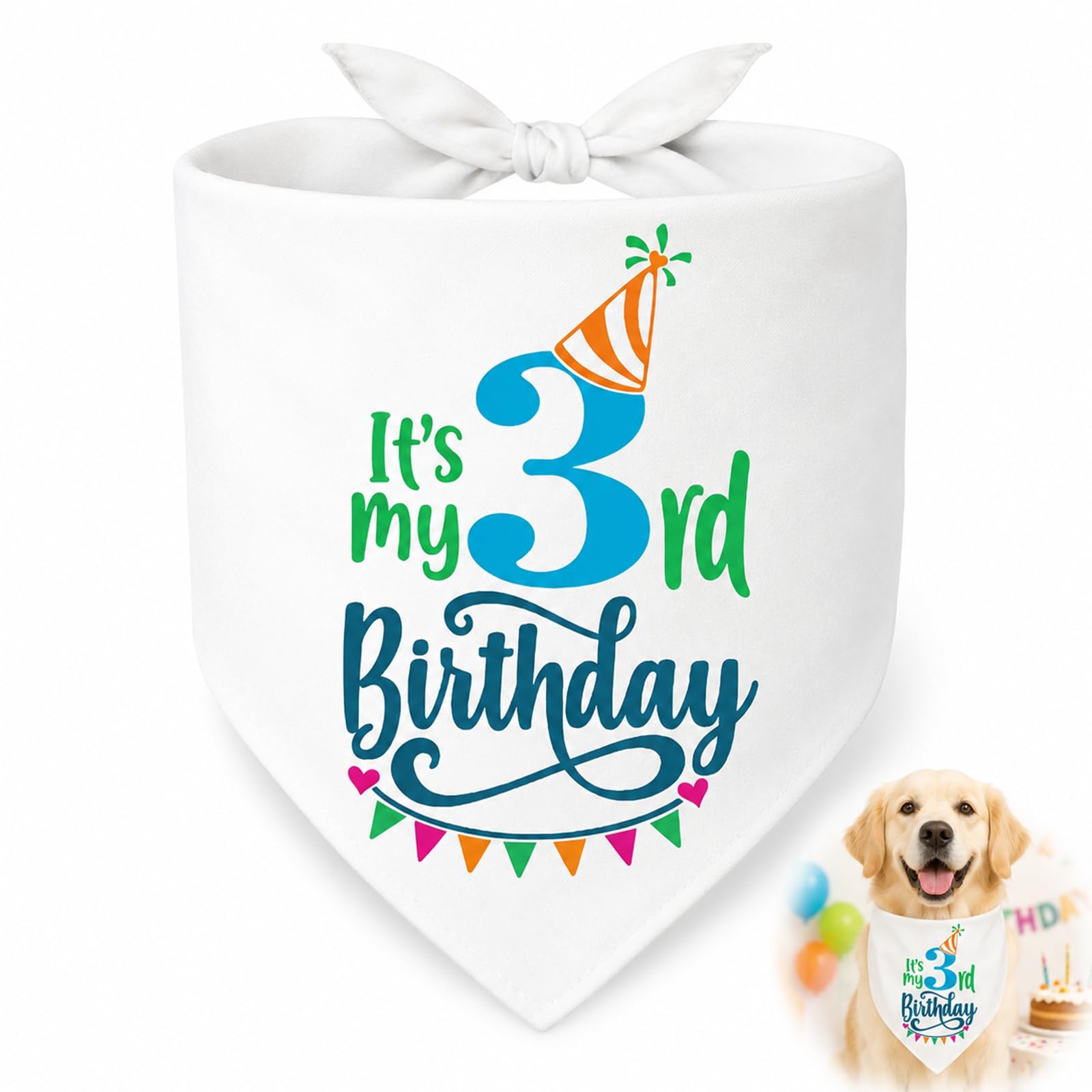 Dog 3rd Birthday Bandana - White Triangle Scarf, Soft Breathable Fabric, Colourful Printed Party Bib, Tie On Neckwear for Puppies Small Medium Large Dogs, Photo Celebration Accessory