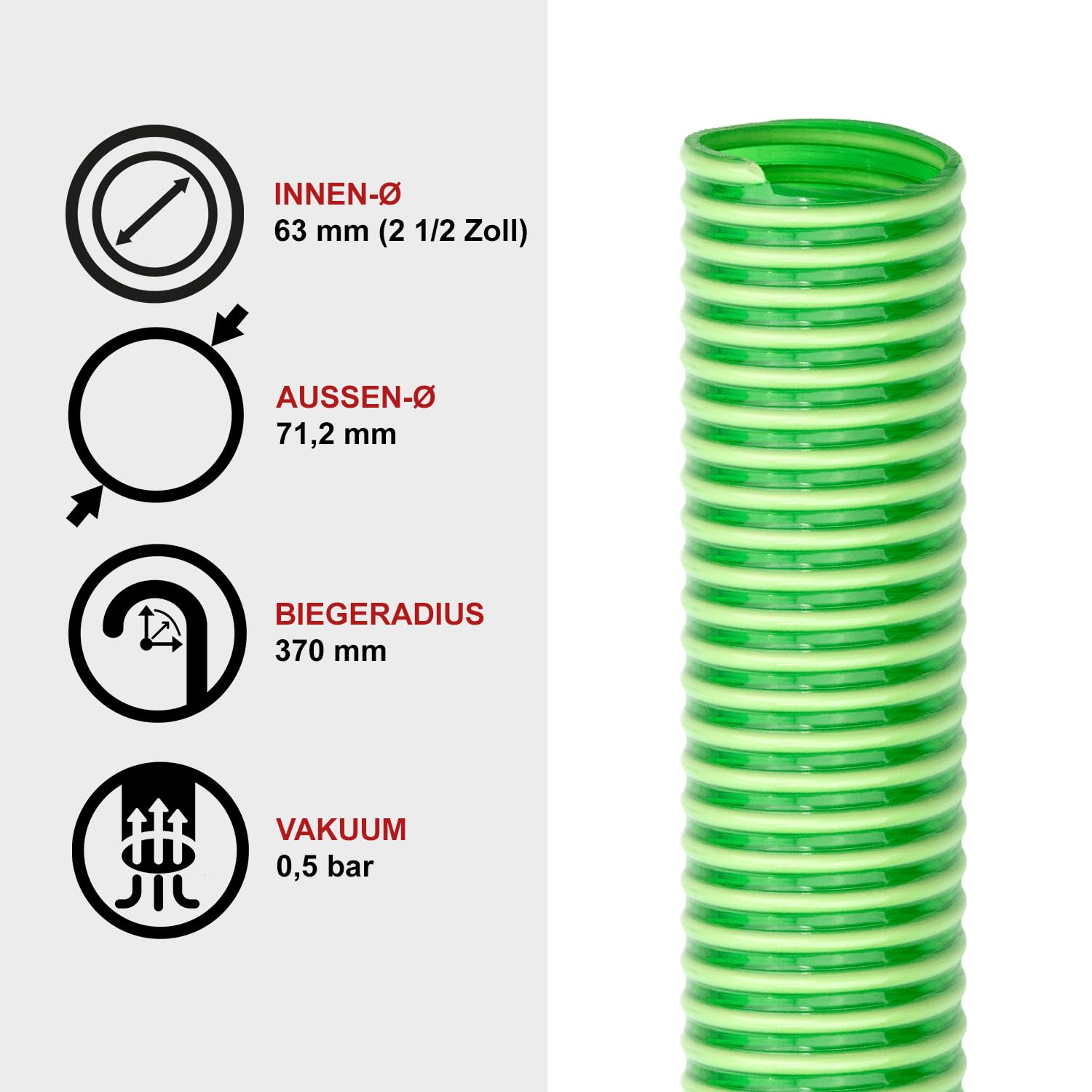 FLEXTUBE GR Ø 63mm (2 1/2 Zoll) Länge 10m PVC Schlauch, Spiralschlauch, Saugschlauch mit Hart PVC Spirale, grün transparent