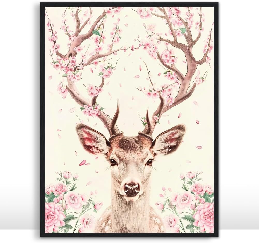 Moonow7 Floral Deer Poster Wildlife Wall Decor Pink Cherry Blossom Art Print for Living Room, Bedroom, Nursery, Unframed Size 60x90 cm / 24x36″