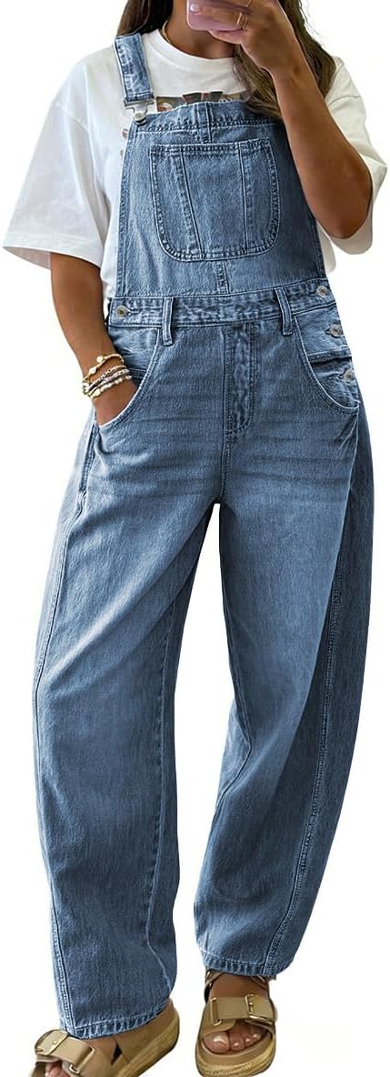 chouyatou Women's Baggy Adjustable Strap Denim Bib Overalls Barrel Jeans Casual Loose Wide Leg Denim Pant Jumpsuits