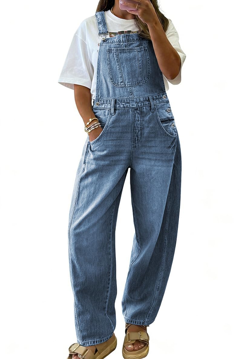 chouyatou Women's Baggy Adjustable Strap Denim Bib Overalls Barrel Jeans Casual Loose Wide Leg Denim Pant Jumpsuits
