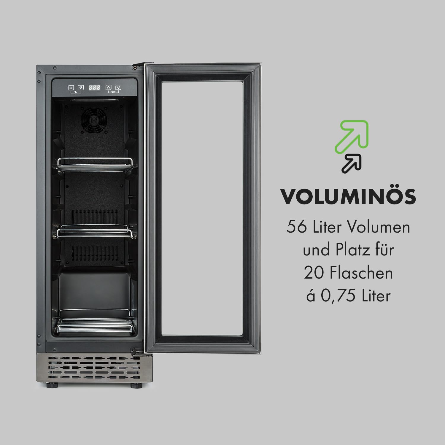Klarstein Beerlager 56 Getränkekühlschrank, 56 Liter, 20 Flaschen, Glastür mit Edelstahlrahmen, Temperatur 0-10 °C, schwarz