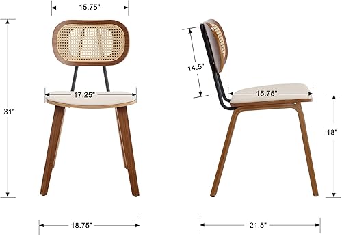 Miniatura 7 de Juego de 2 sillas de comedor Mid-Century de piel sintética con respaldo de ratán y patas de madera, perfectas para comedor, sala de estar o cocina