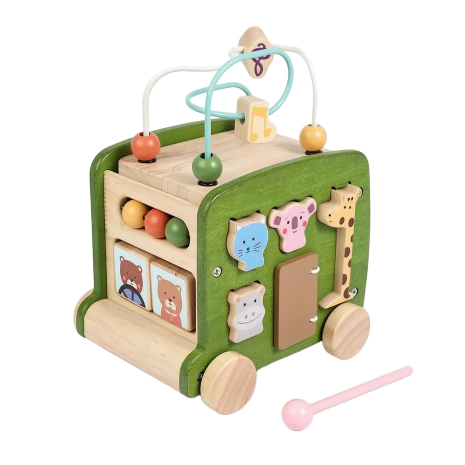 Bus Iniziare a Camminare con Percorso a Ostacoli Multifunzione Gioco Iniziare a Camminare in Legno Didattico Giocattolo, Verde, Multifunzionale Autobus Giocattolo