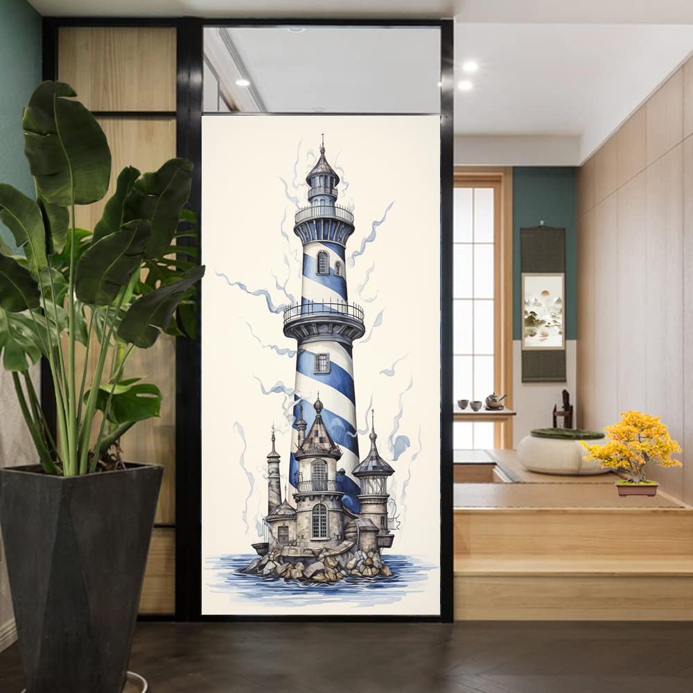 Gorgeous Lighthouse Window Privacy Film Vintage Ocean Blue Stripe Beacon Stained Glass Window Film Decorative Window Cling for Home Window&Glass Door, Sun Blocking 35.4Wx63L
