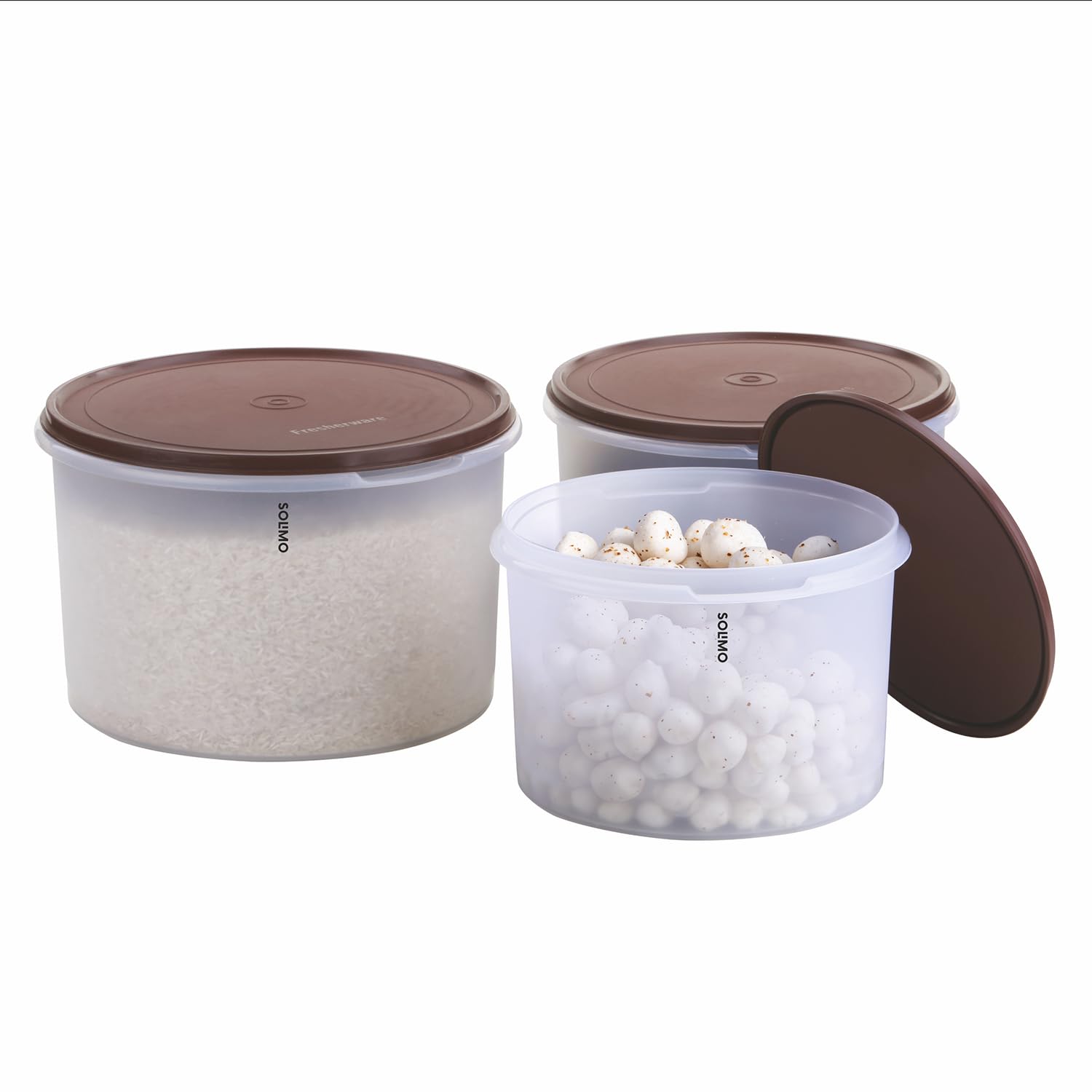 Amazon Brand - Solimo Airtight Plastic Round Storage Containers Food Grade Set of 3 (5L, 7L & 10L) | BPA-Free Durable Kitchen Storage | Stackable Pantry & Fridge Containers for Dry Food, Brown-image-13