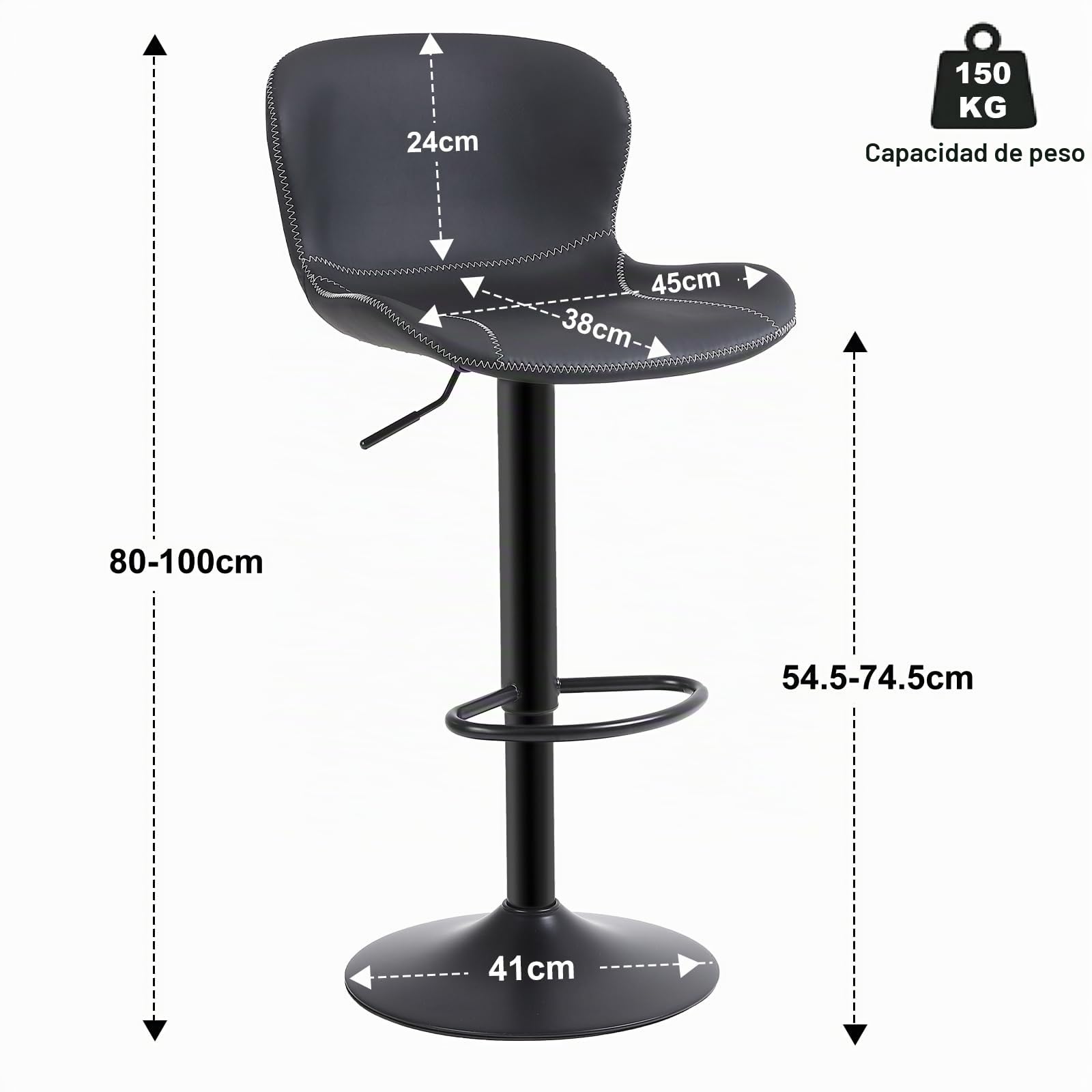 Youhauchair Taburetes Altos de Cocina Juego de 2, Taburete de Bar Regulable en Altura en Cuero PU, Taburete Alto con Respaldo y Reposapiés, Taburete Cocina Giratorio, Moderno, Negro