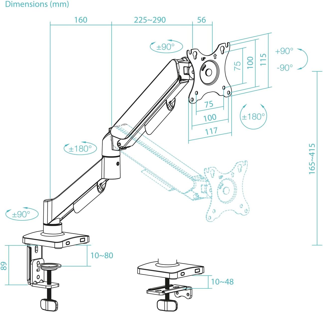 Technical dimensions and adjustment ranges diagram