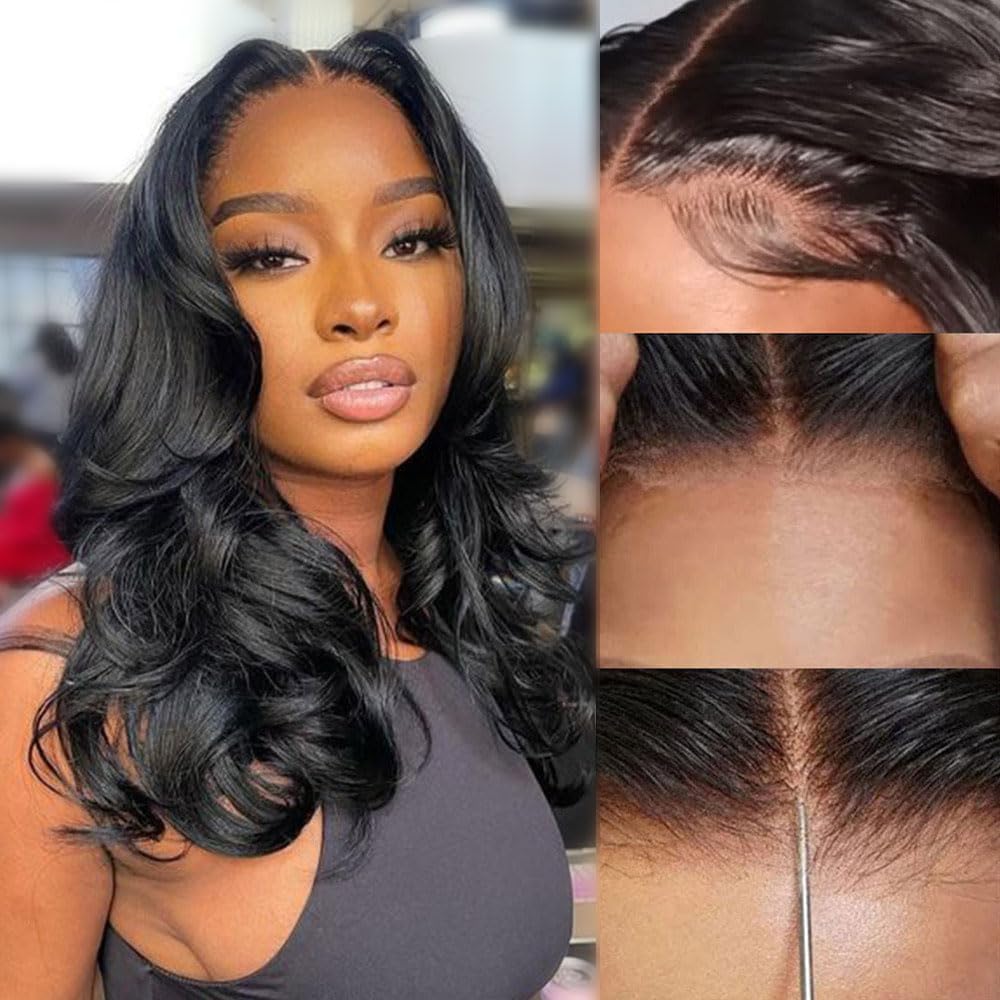 Rebasar Glueless Wigs Human Hair Pre Plucked Pre Cut Body Wave 4X4 Lace Front Wig Human Hair Pelucas de Cabello Humano para Mujeres 150% Density Natural Black 14 Pulgadas
