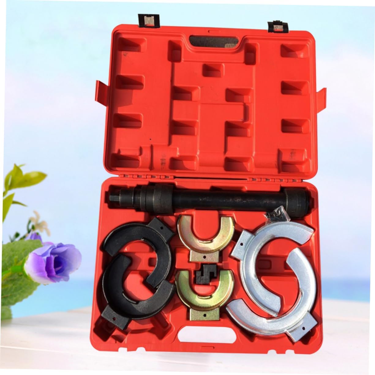Suspension Spring Compressor Tool Set for Automotive Absorber Removal Heavy Duty Design for Safe Strut Installation Compatible with Springs Red Color