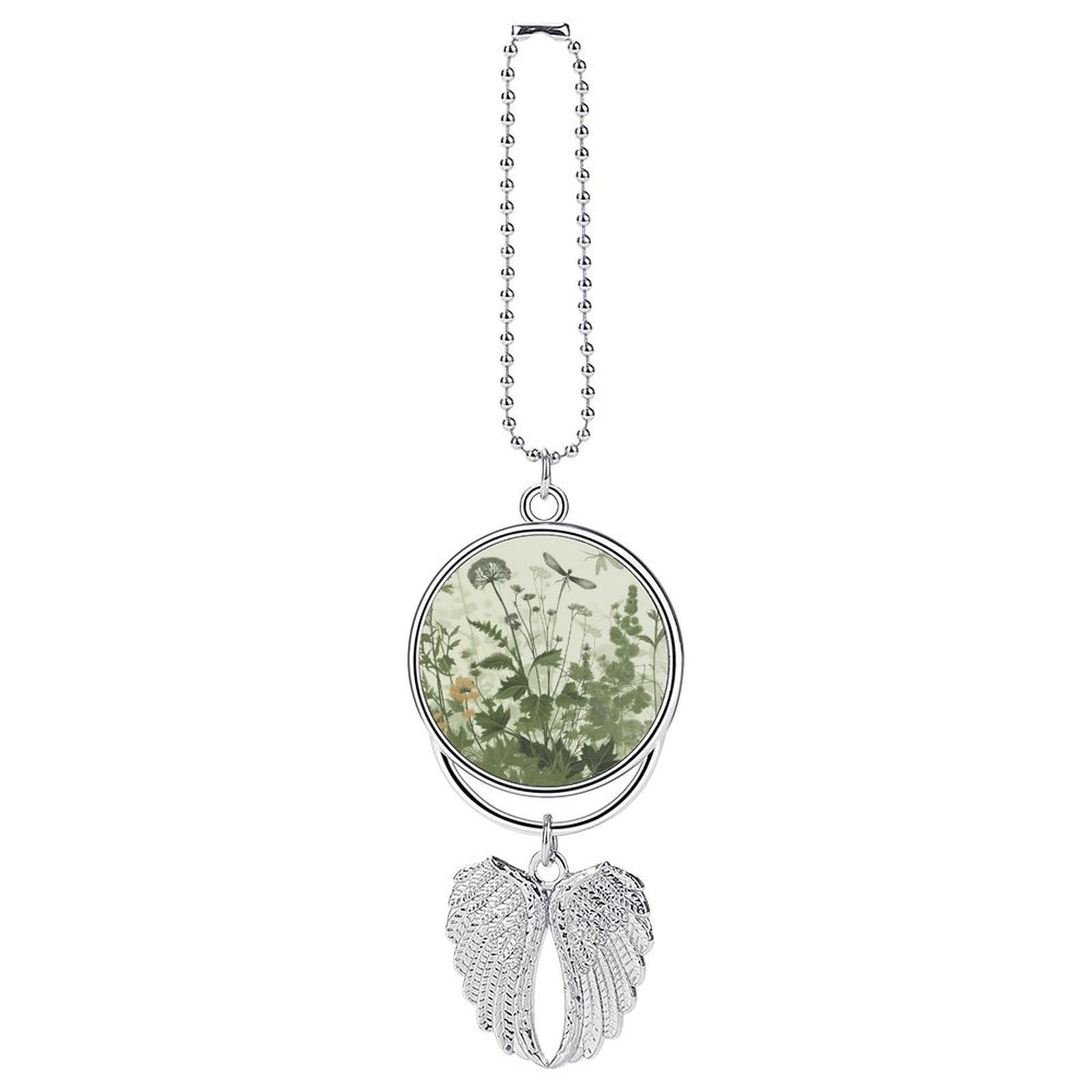 Foliage and Herbs with Dragonflies Winged Car Pendant Car Rearview Mirror Pendant Custom Photo Car Hanging Ornament Car Rear View Mirror Hanging Accessories Angel Wing Car Charm Gift for Men Women