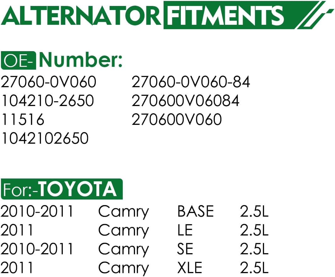 2.5L Upgraded Alternator for:-Toyota Camry Base SE 2010-2011, Camry LE XLE 2011 2.5L L4, Replacement Alternator, 100Amps 12V 4Grooves OE# 270600V060, 27060-0V060, 11516N (ALL-NEW)